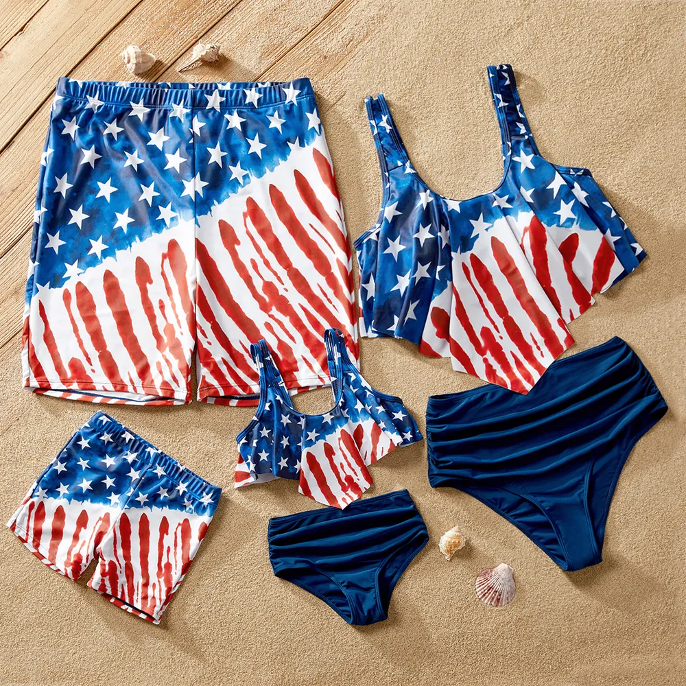 Independence Day Family Matching Star & Striped Print Spliced Two-piece Swimsuit or Swim Trunks Shorts big image 12