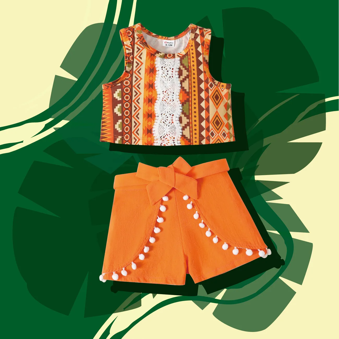 2pcs Baby Girl Lace Detail Allover Geo Print Naia™ Tank Top and 100% Cotton Pom Poms Decor Belted Shorts Set Colorful big image 1
