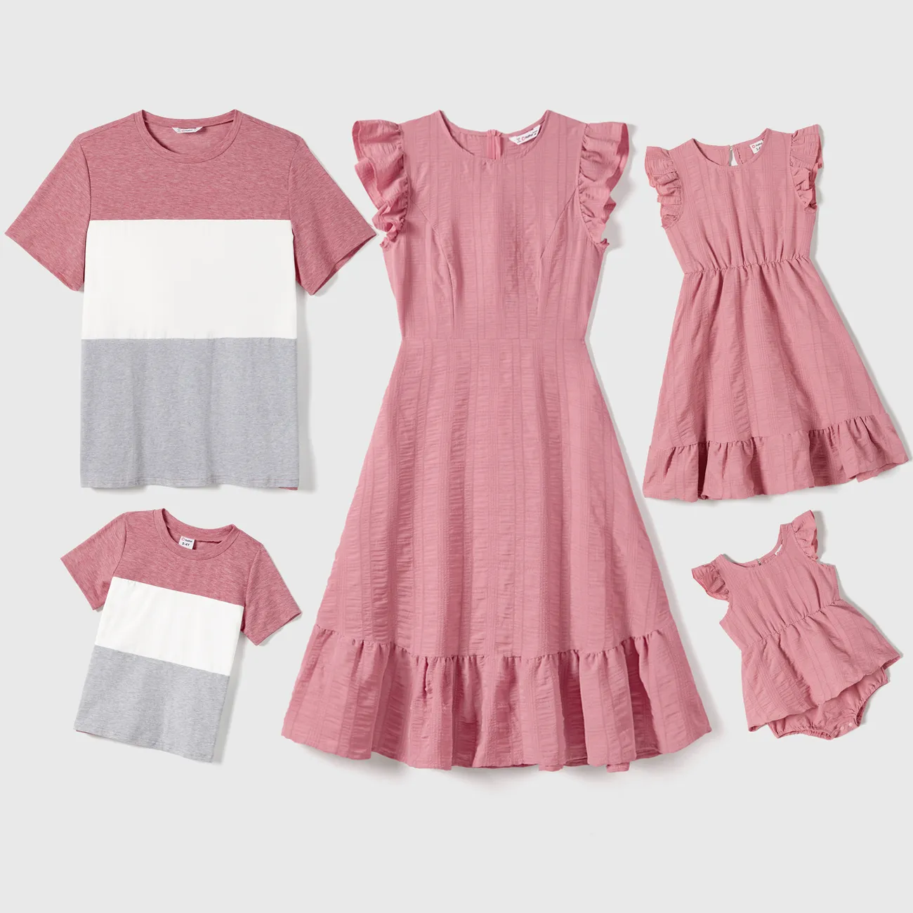 Family Matching Pink Ruffle-sleeve Texture Dresses and Color Block Short-sleeve T-shirts Sets Pink big image 1