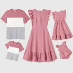 Family Matching Pink Ruffle-sleeve Texture Dresses and Color Block Short-sleeve T-shirts Sets  image 2