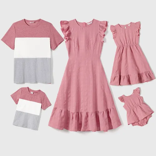 Family Matching Pink Ruffle-sleeve Texture Dresses and Color Block Short-sleeve T-shirts Sets