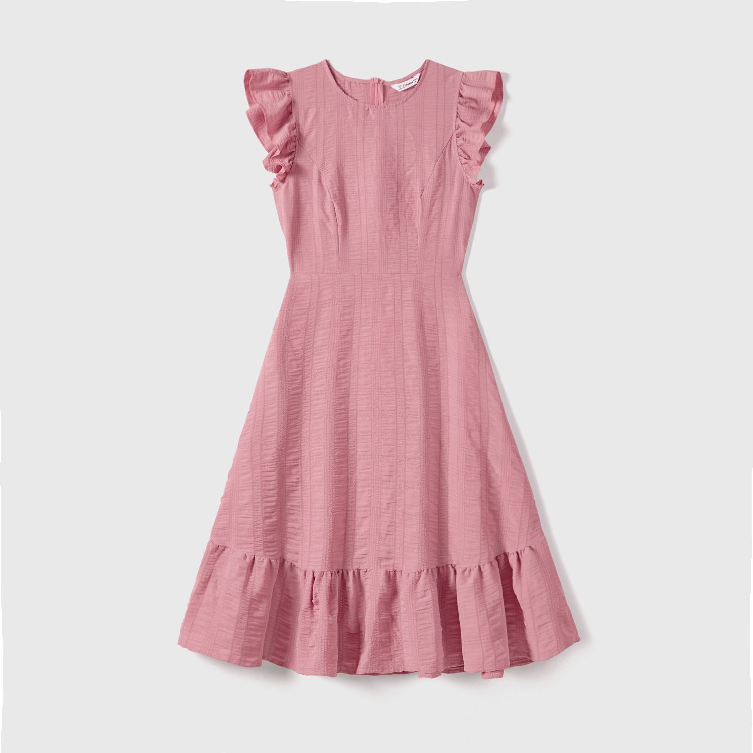 Family Matching Pink Ruffle-sleeve Texture Dresses And Color Block Short-sleeve T-shirts Sets