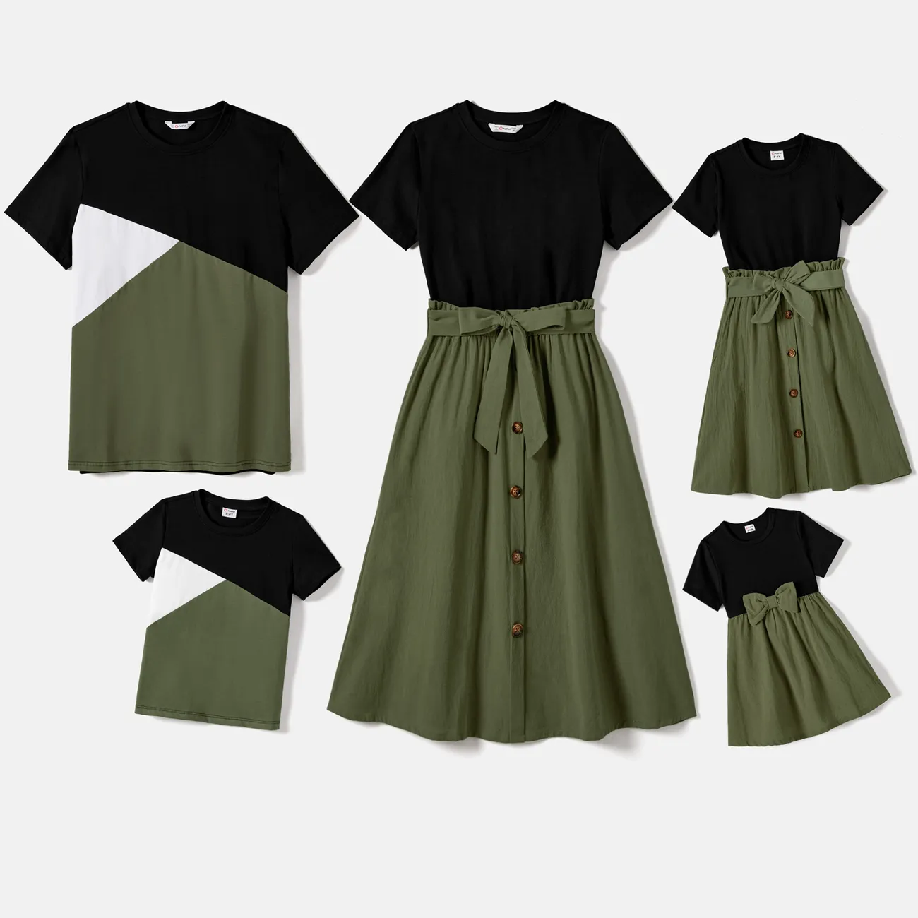 Family Matching Two Tone Short-sleeve Belted Combo Dresses and Color Block T-shirts Sets MultiColour big image 1