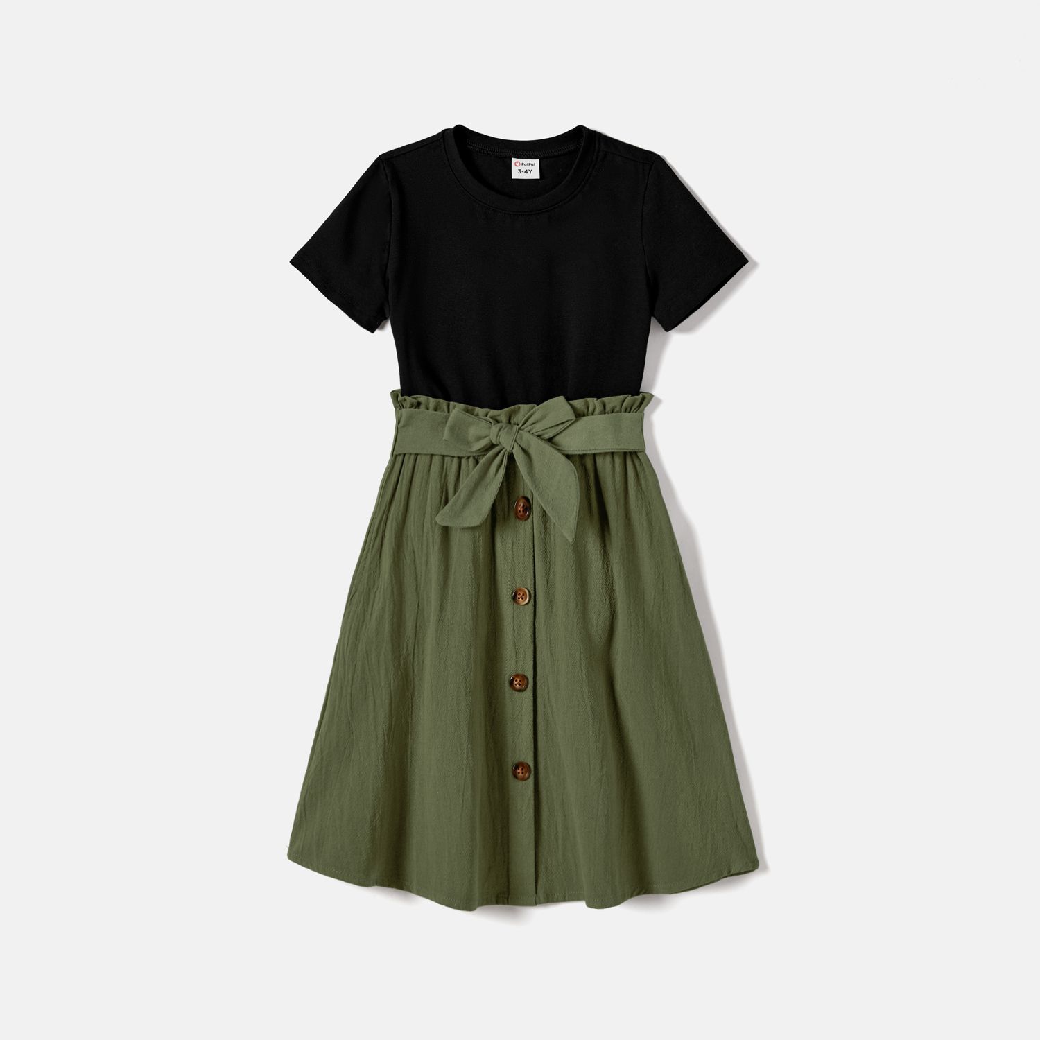 Family Matching Two Tone Short-sleeve Belted Combo Dresses And Color Block T-shirts Sets