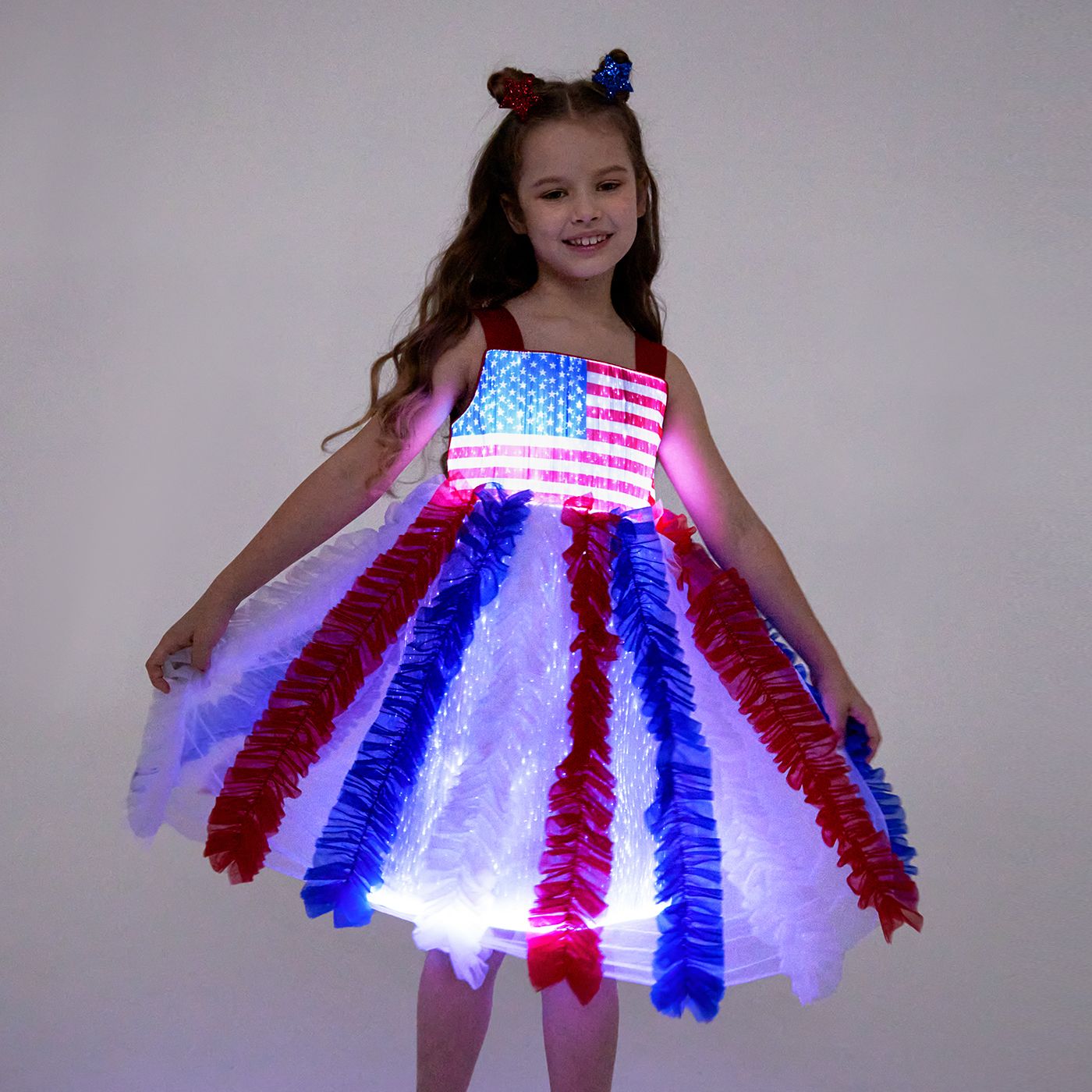 Go-Glow Light Up Princess Party Dress With Blue And Red Ruffled Skirt Including Controller (Battery Inside)