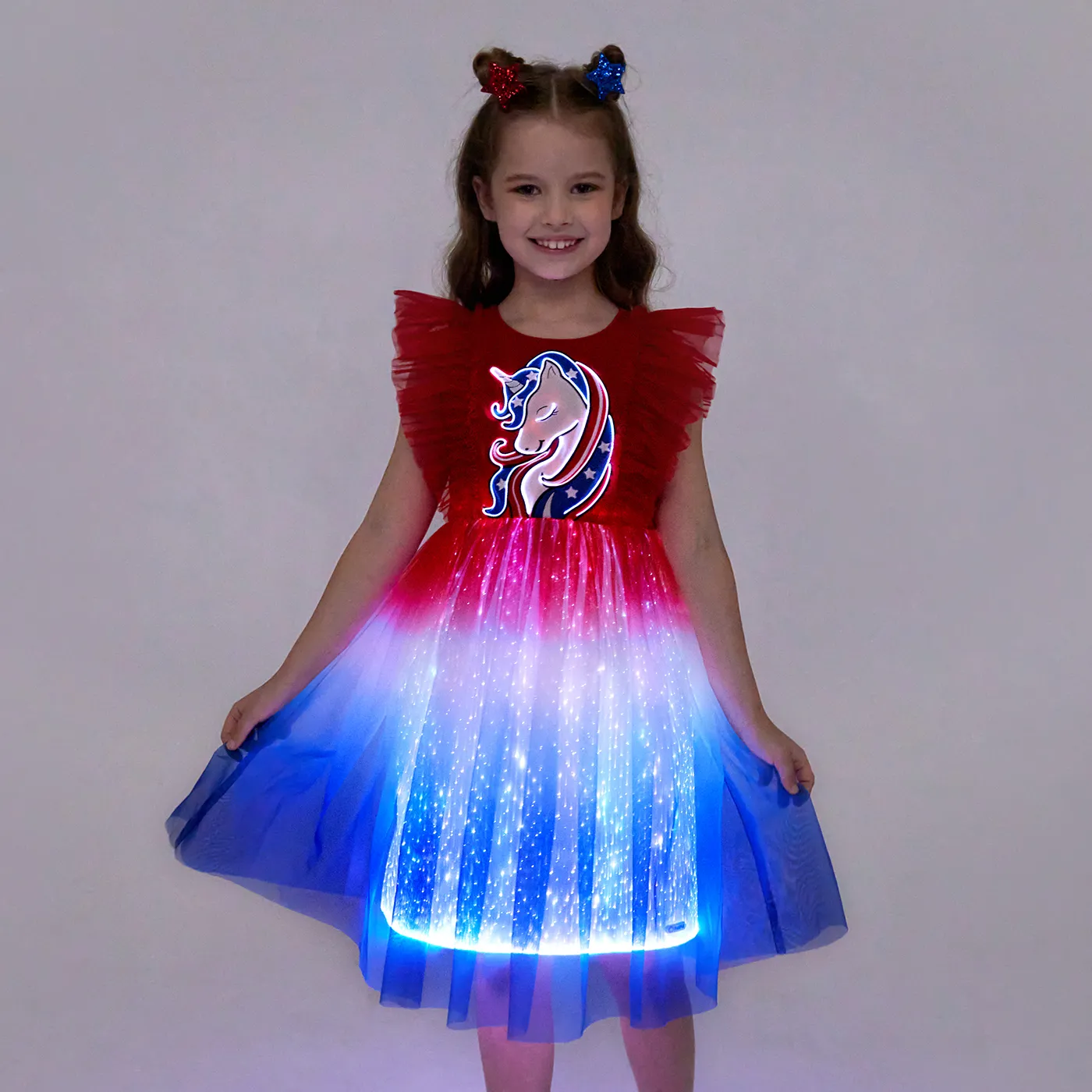 

Go-Glow Illuminating Unicorn Red Dress with Light Up Gradient Skirt Including Controller (Battery Inside)