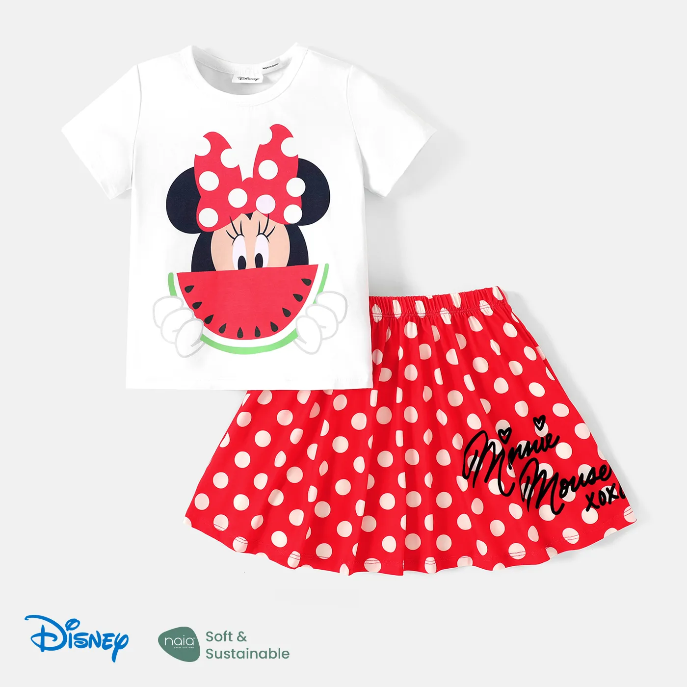 Disney Toddler Girl 2pcs Personagem Print Short-sleeve Tee e Naia™ Polka Dots Saia Set Branco big image 1