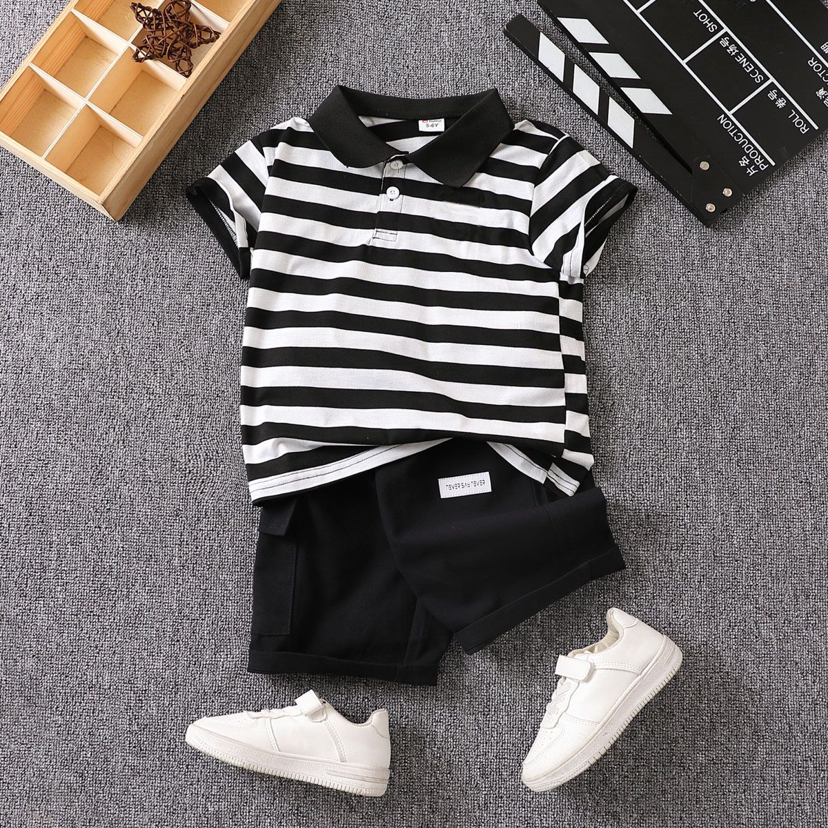 

2pcs Kid Boy Tiger Embroidered Polo Neck Stripe Tee and 100% Cotton Shorts Set