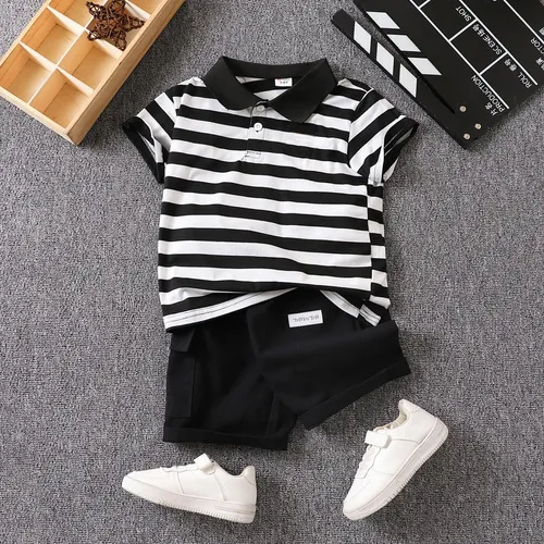 2pcs Kid Boy Tiger Embroidered Polo Neck Stripe Tee and 100% Cotton Shorts Set 