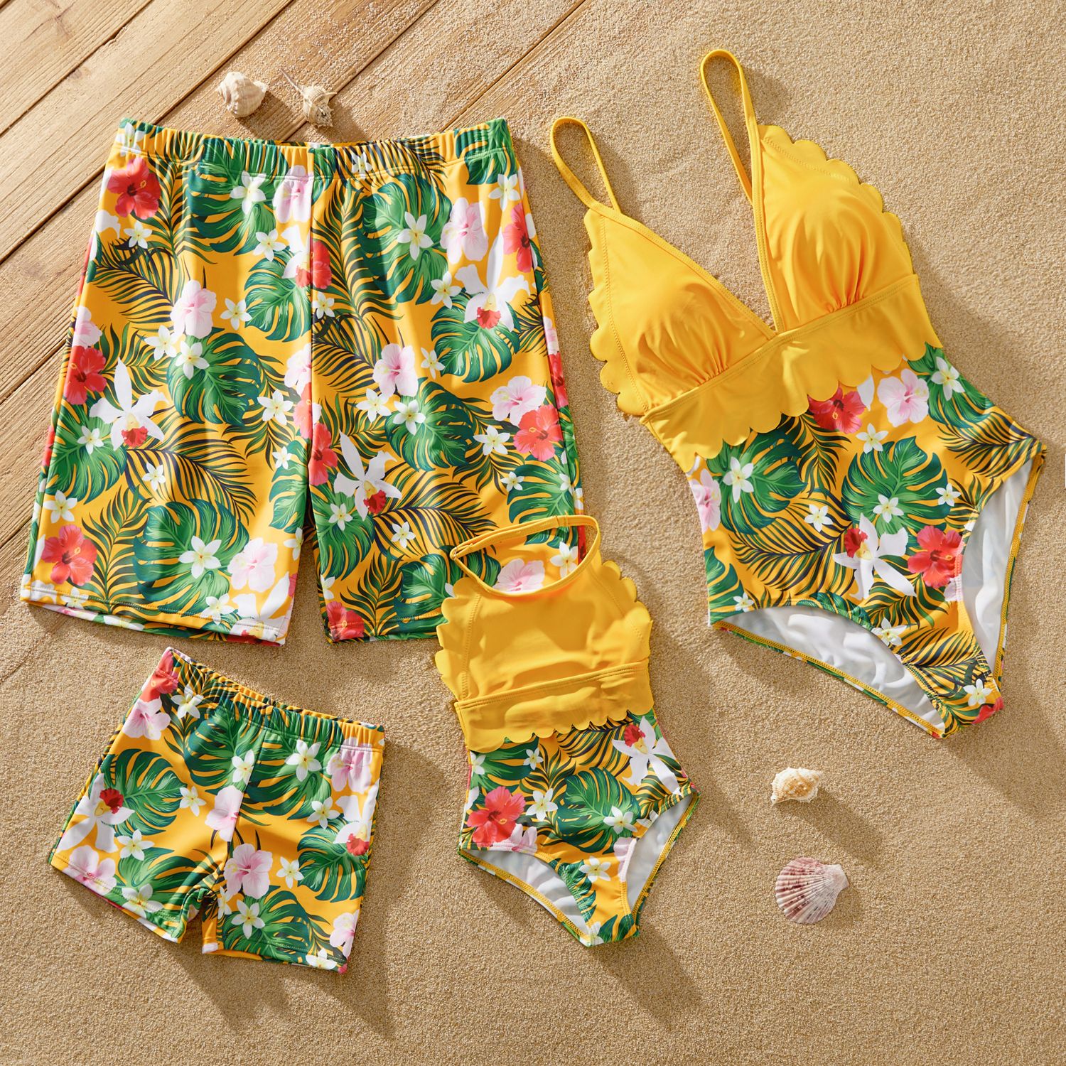 

Family Matching Plant Floral Panel Scallop Trim One-piece Swimsuit or Swim Trunks Shorts