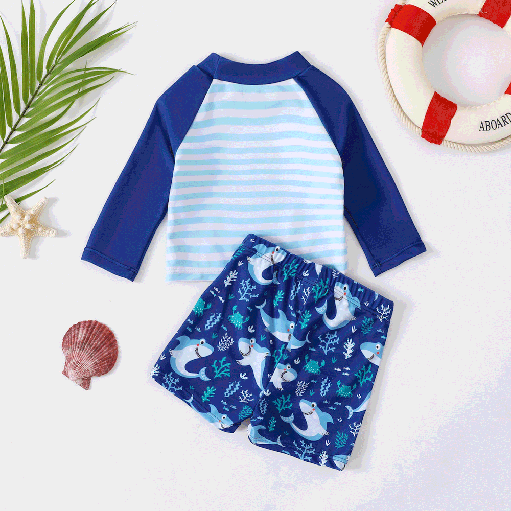 2pcs Baby Boy Shark Graphic Striped Long-sleeve Top and Swim Trunks Set big image 2