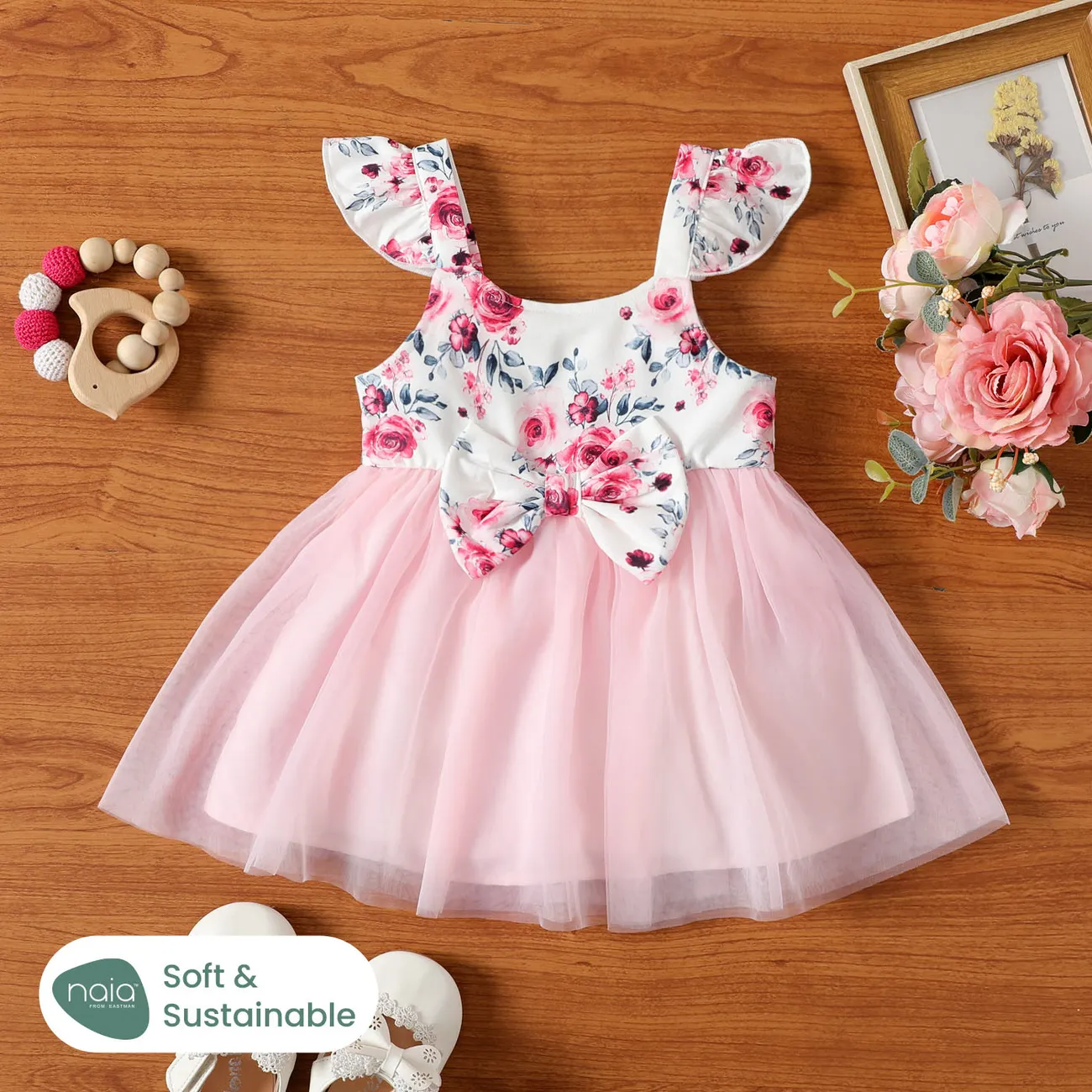 Baby Girl Bow Decor Floral Print Mesh Ruffle Dress Pink big image 1