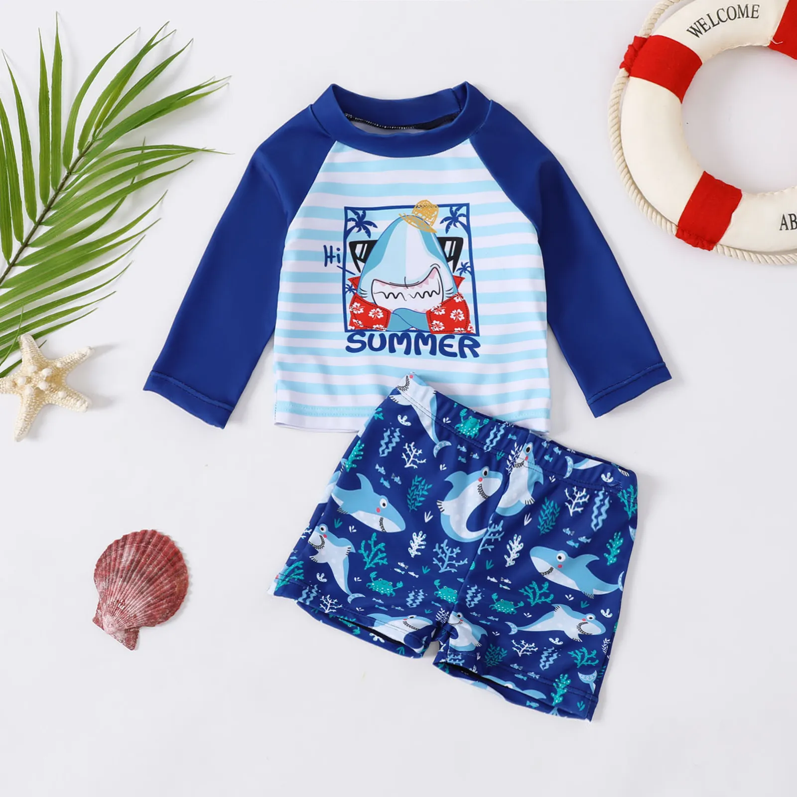 

2pcs Baby Boy Shark Graphic Striped Long-sleeve Top and Swim Trunks Set