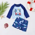2pcs Baby Boy Shark Graphic Striped Long-sleeve Top and Swim Trunks Set   image 1