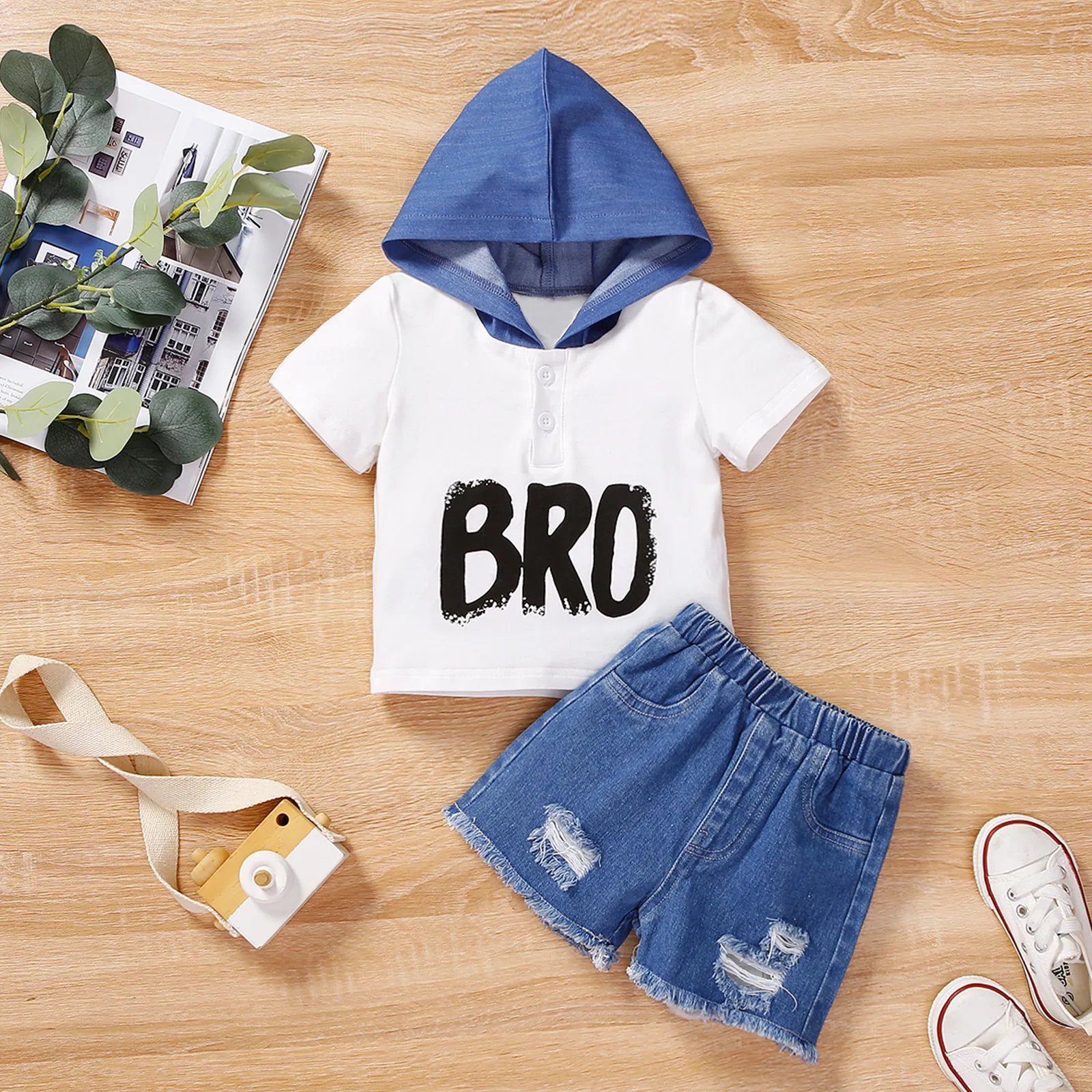 2pcs Baby Boy 95% Cotton Letter Print Short-sleeve Hoodie and Ripped Denim Shorts Set