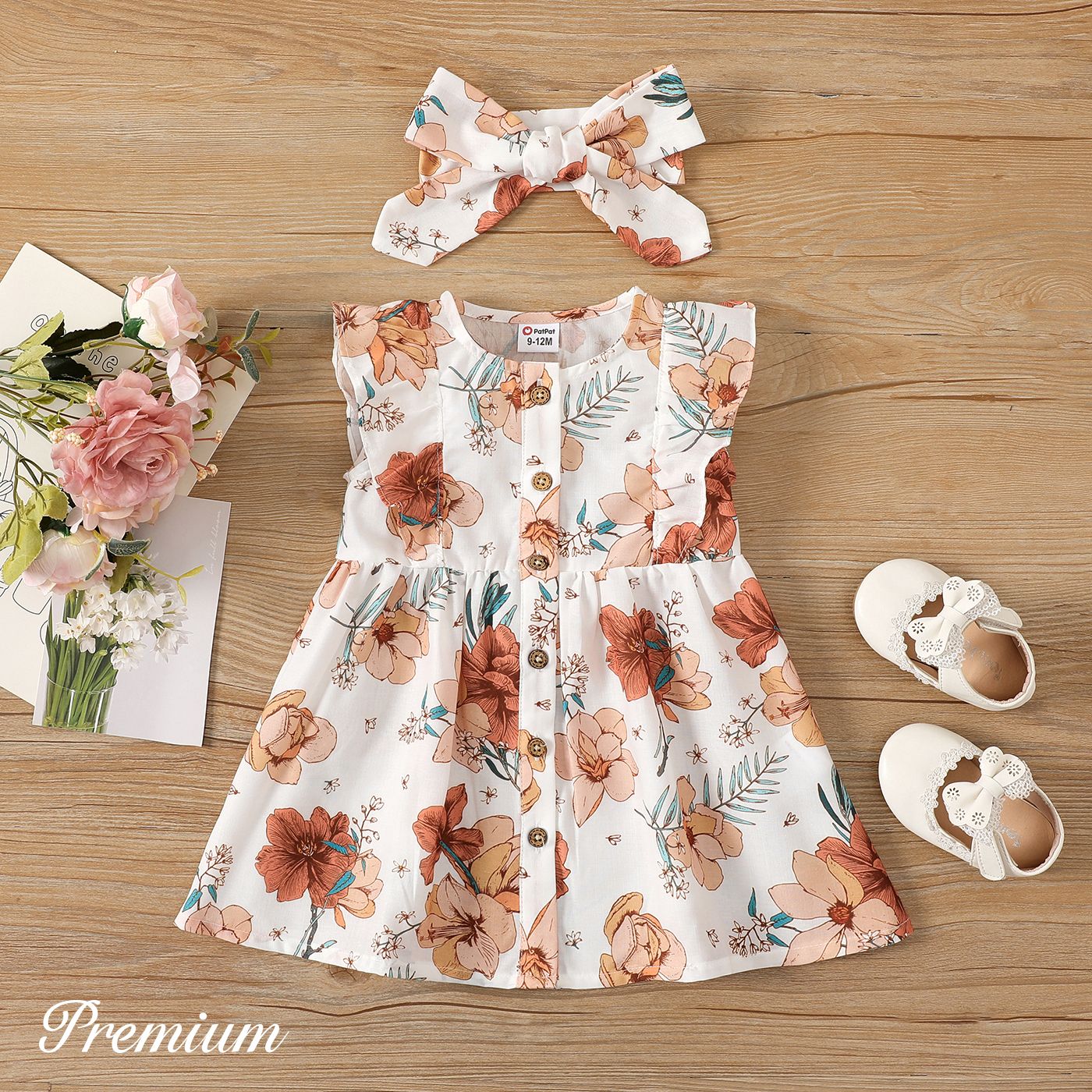 2pcs Baby Girl 100% Cotton Solid Or Allover Floral Print Flutter-sleeve Dress With Headband Set