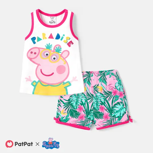 Peppa Pig Toddler Girl 2pcs Character Print Cotton Tank Top and Plant Print Shorts Set