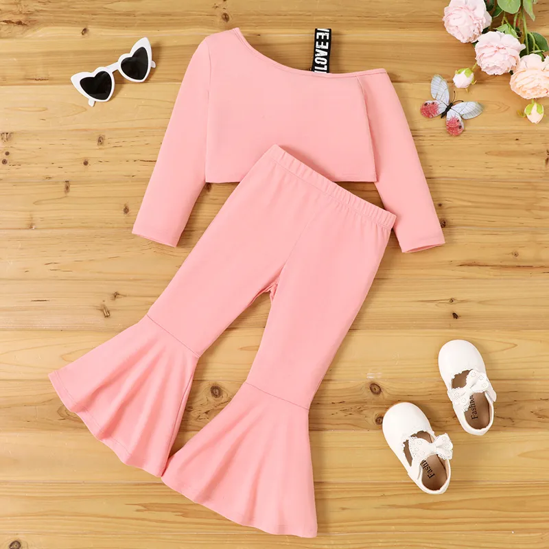 2pcs Toddler Girl Pink Long-sleeve One-Shoulder Top and Flared Pants Set 