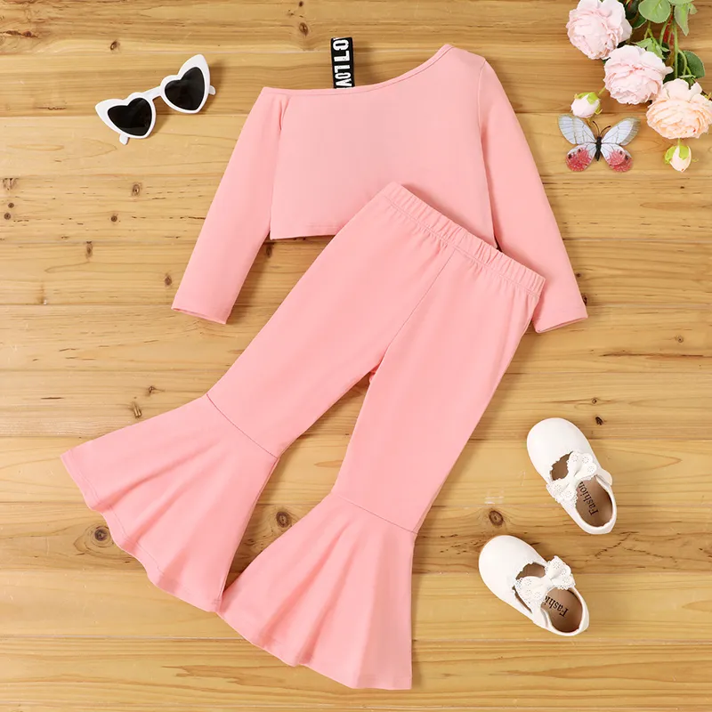 2pcs Toddler Girl Pink Long-sleeve One-Shoulder Top and Flared Pants Set big image 2