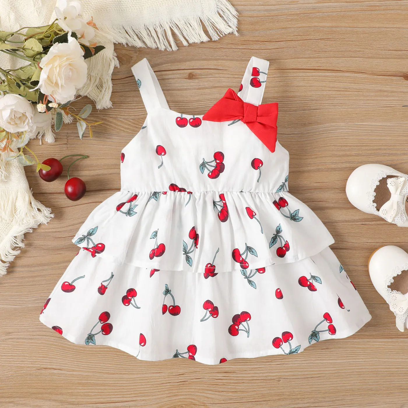 Baby Girl 100% Cotton Allover Cherry Print Strappy Bow Decor Dress