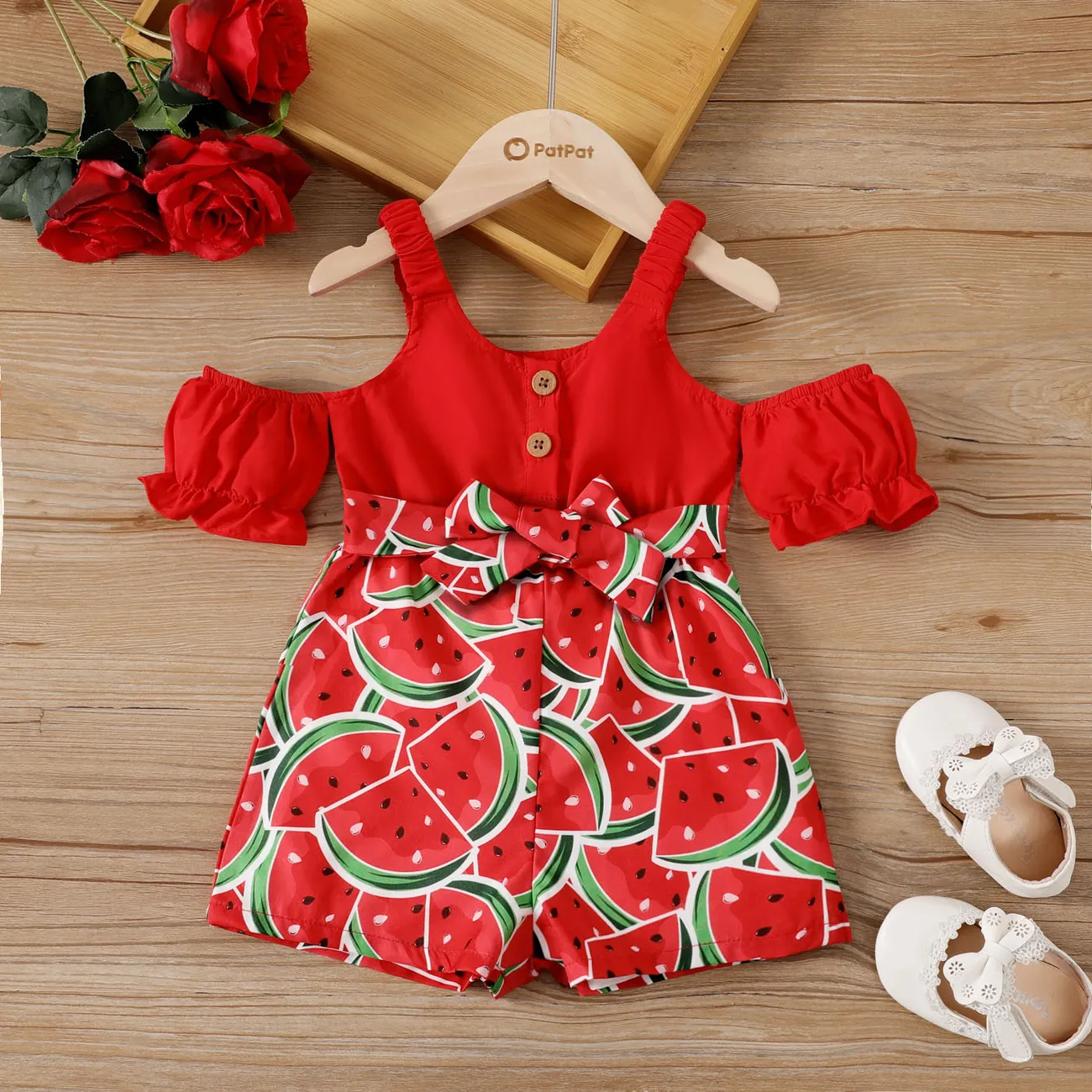 Baby Girl Front Buttons Watermelon Print Ruffle Belted Strappy Romper  big image 1