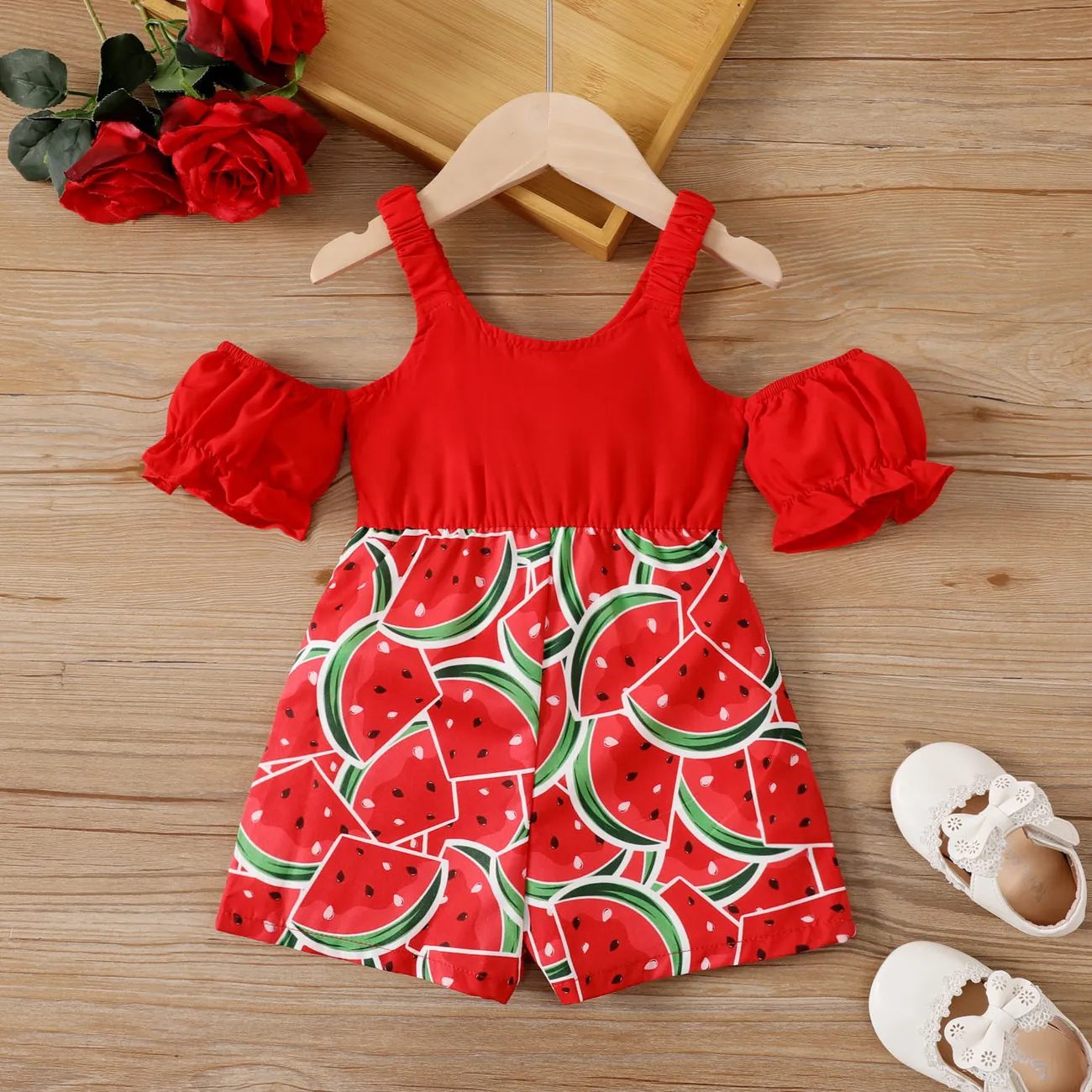 Baby Girl Front Buttons Watermelon Print Ruffle Belted Strappy Romper Red big image 1