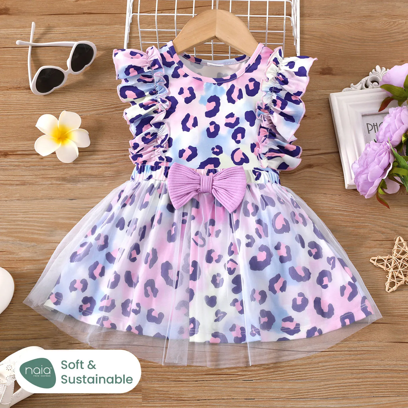 2pcs Toddler Girl Naia™ Leopard Ruffled Top and Mesh Overlay Skirt Set