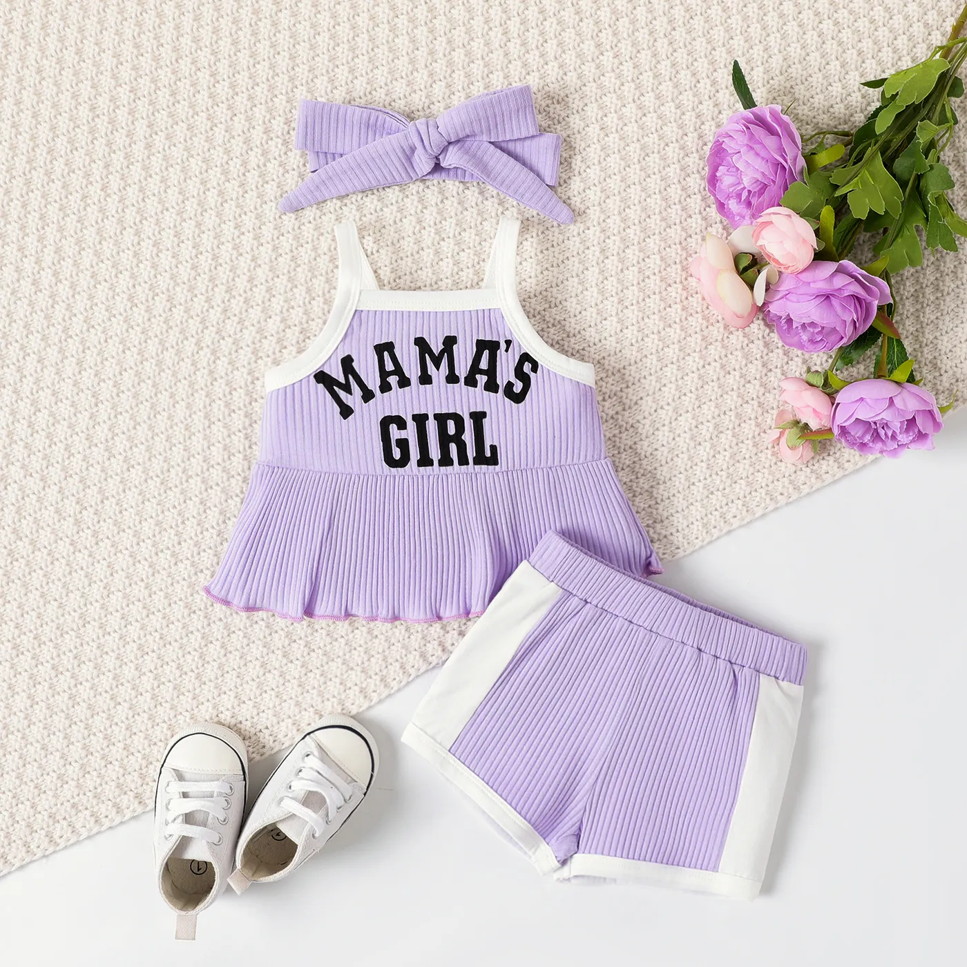 3pcs Baby Girl 95% Cotton Letter Print Rib-knit Peplum Cami Top & Color Block Shorts & Bow Headband Set  Purple
