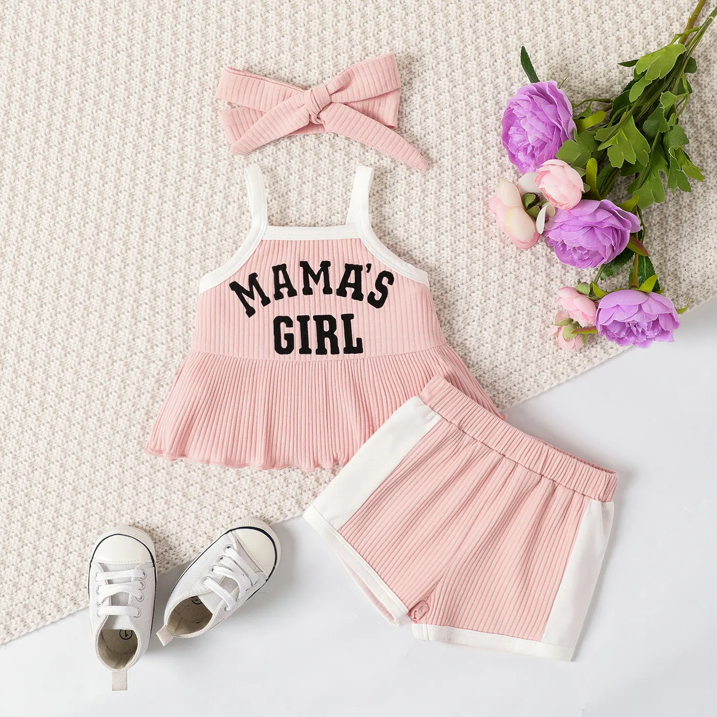 3pcs Baby Girl 95% Cotton Letter Print Rib-knit Peplum Cami Top & Color Block Shorts & Bow Headband Set  Pink big image 1