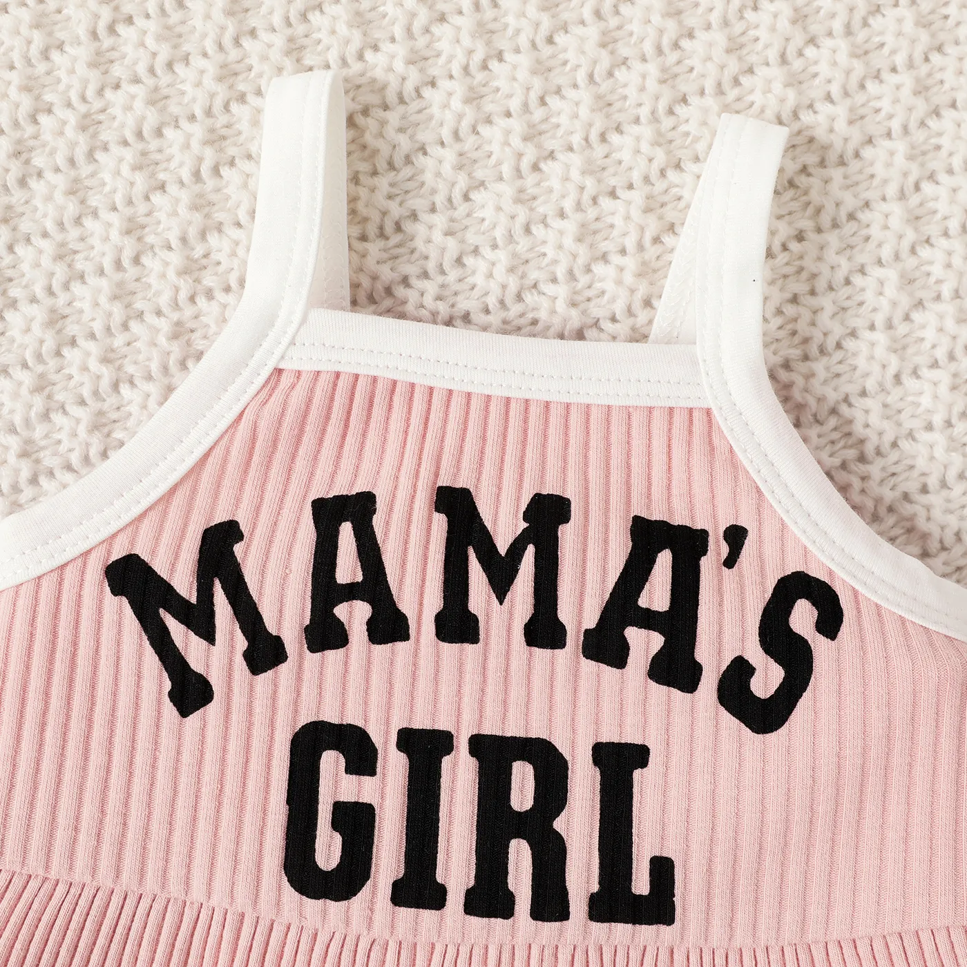 3pcs Baby Girl 95% Cotton Letter Print Rib-knit Peplum Cami Top & Color Block Shorts & Bow Headband Set  Pink image 4