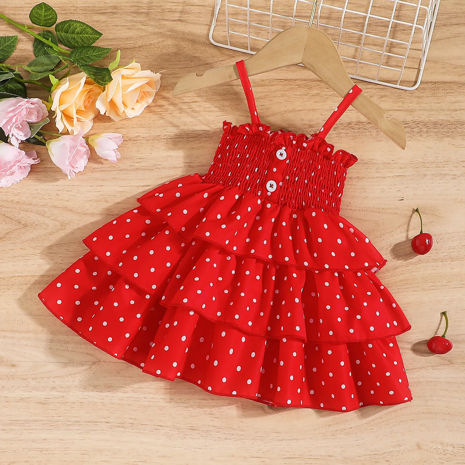 

Baby Girl Polka Dots Front Buttons Smocked Slip Dress