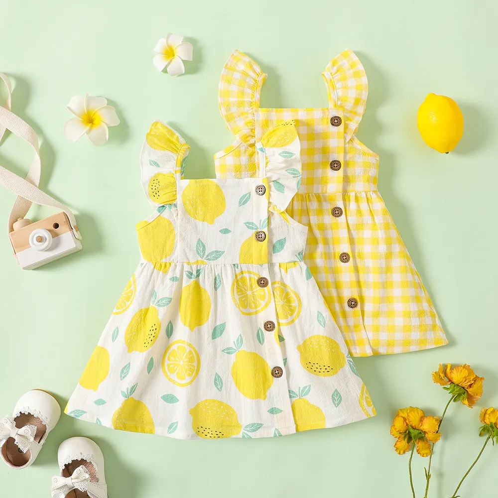 1pc Baby Girl Plaid&Lemon&Fruit Sweet Dress big image 2