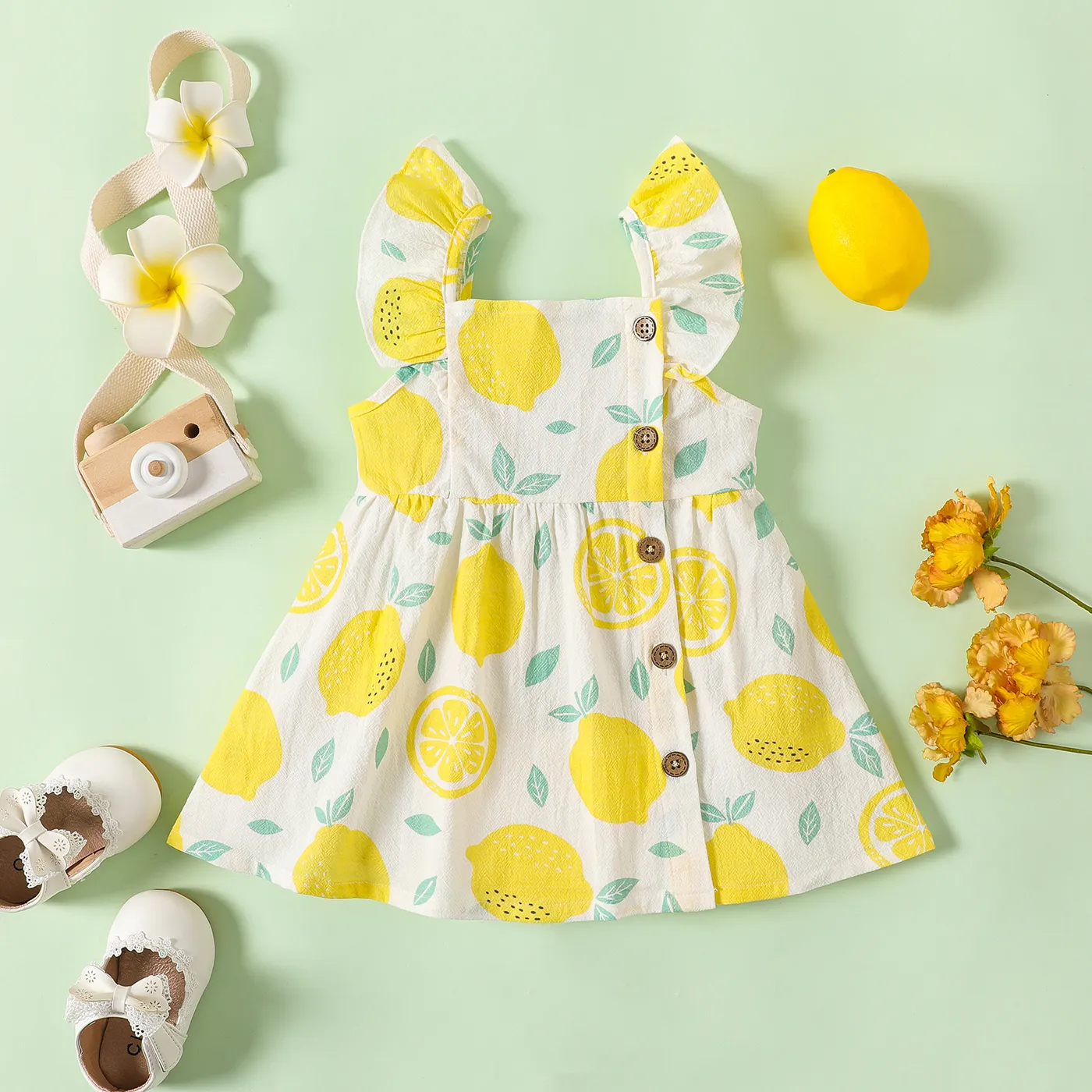 1pc Baby Girl Plaid&Lemon&Fruit Sweet Dress Yellow