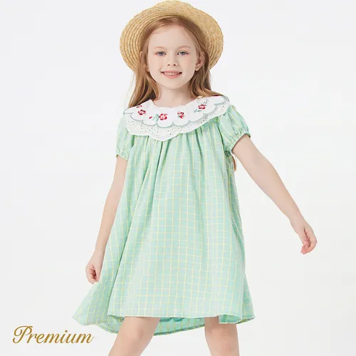Toddler Girl 100% Cotton Statement Collar Puff-sleeve Gingham Dress