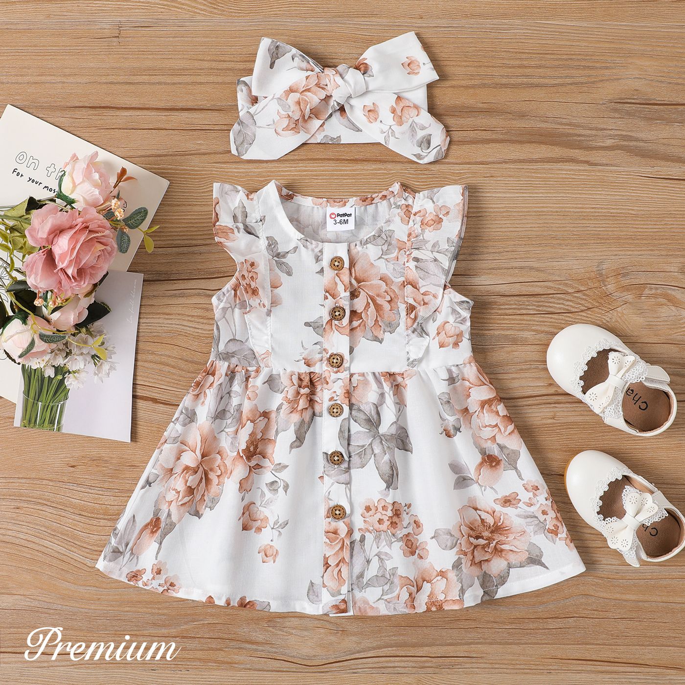 2pcs Baby Girl 100% Cotton Solid Or Allover Floral Print Flutter-sleeve Dress With Headband Set