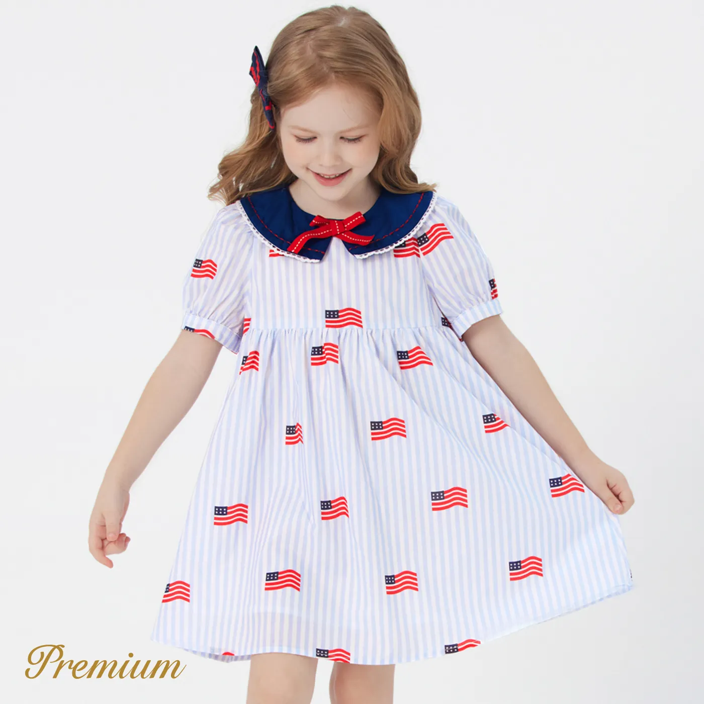 Indepence Day Toddler Girl 100% Cotton American Flag Print Contrast Collar Puff-sleeve Dress