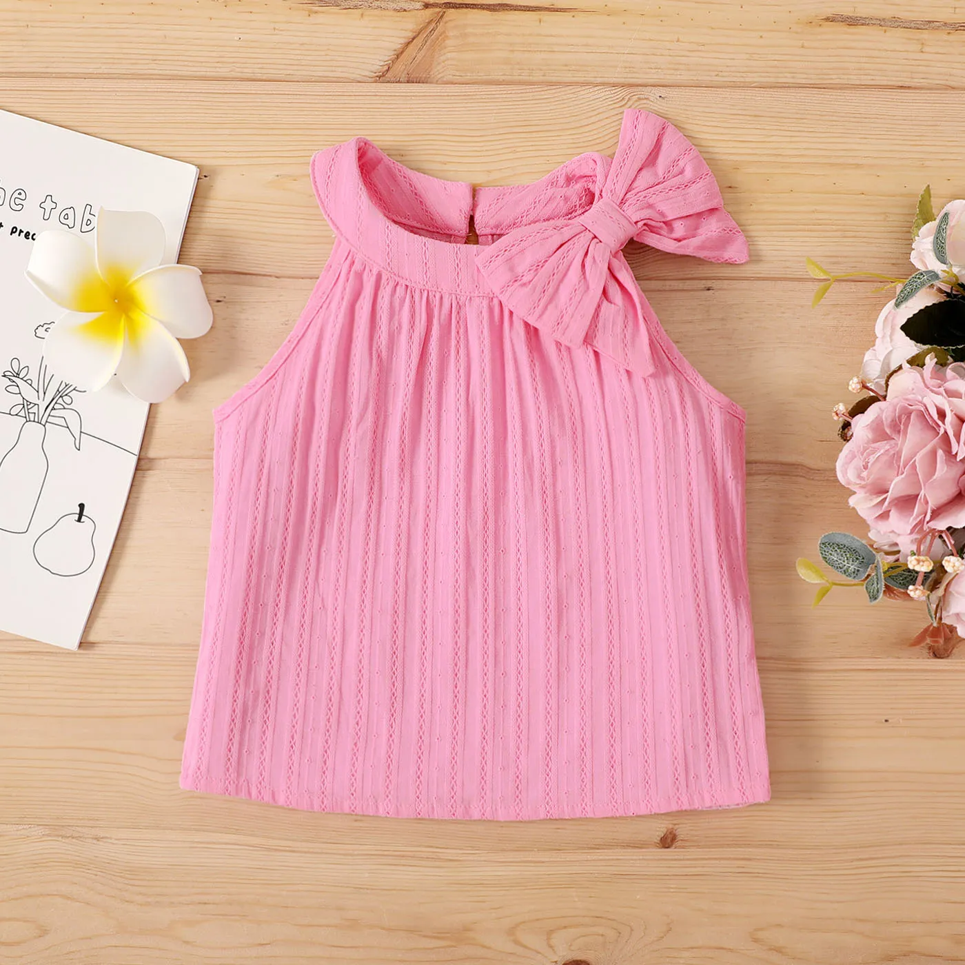 Baby Girl 100% Cotton Bow Decor Solid Sleeveless Tee Pink big image 1