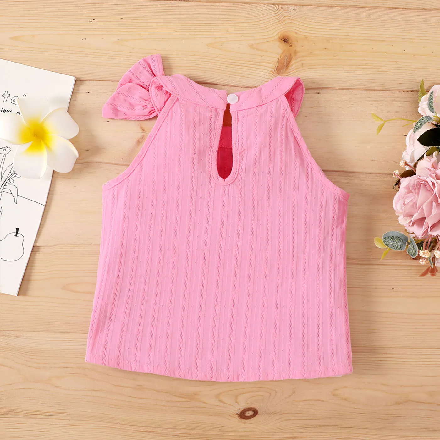 Baby Girl 100% Cotton Bow Decor Solid Sleeveless Tee Pink image 2