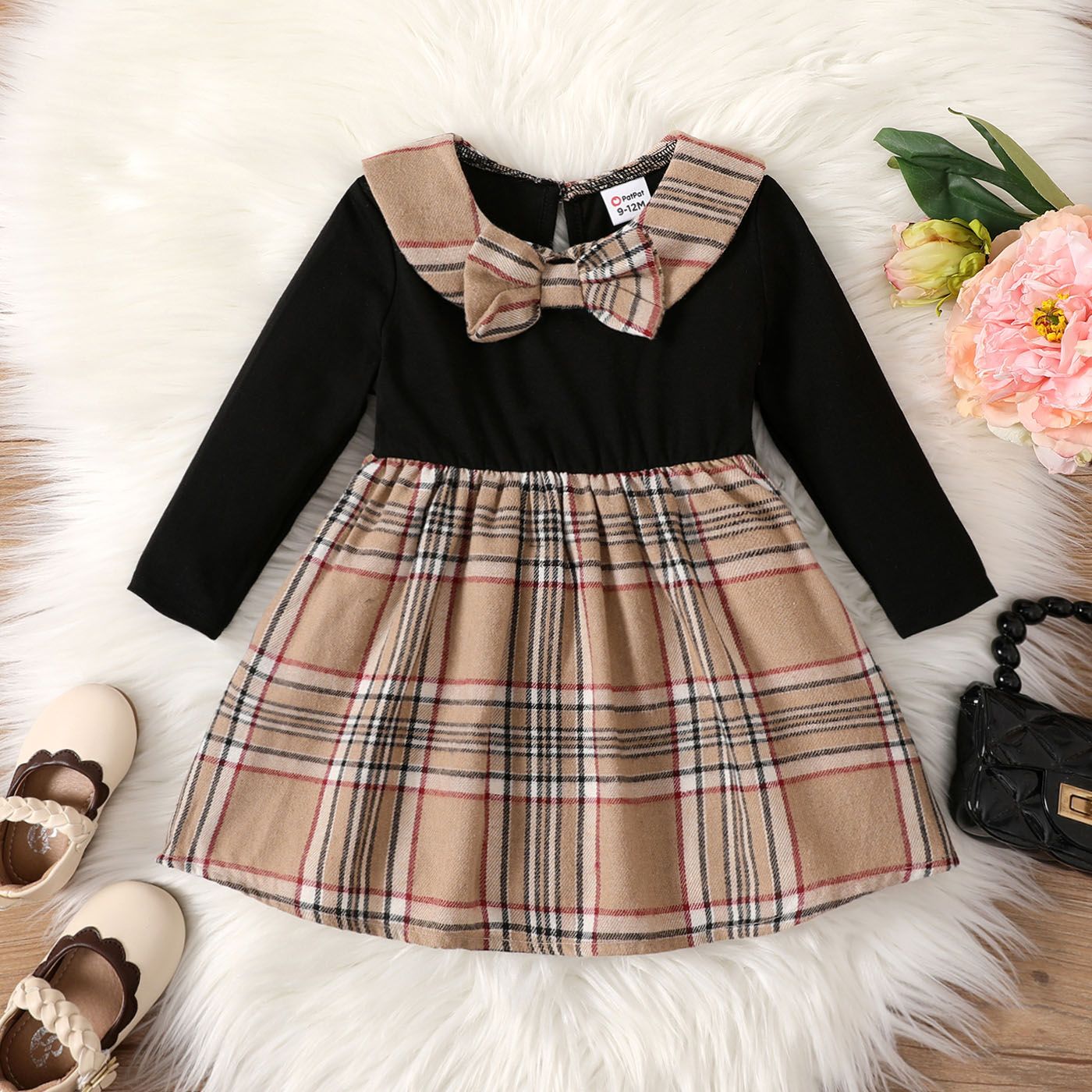 

Baby Girl Bow Decor Plaid Long-sleeve Dress