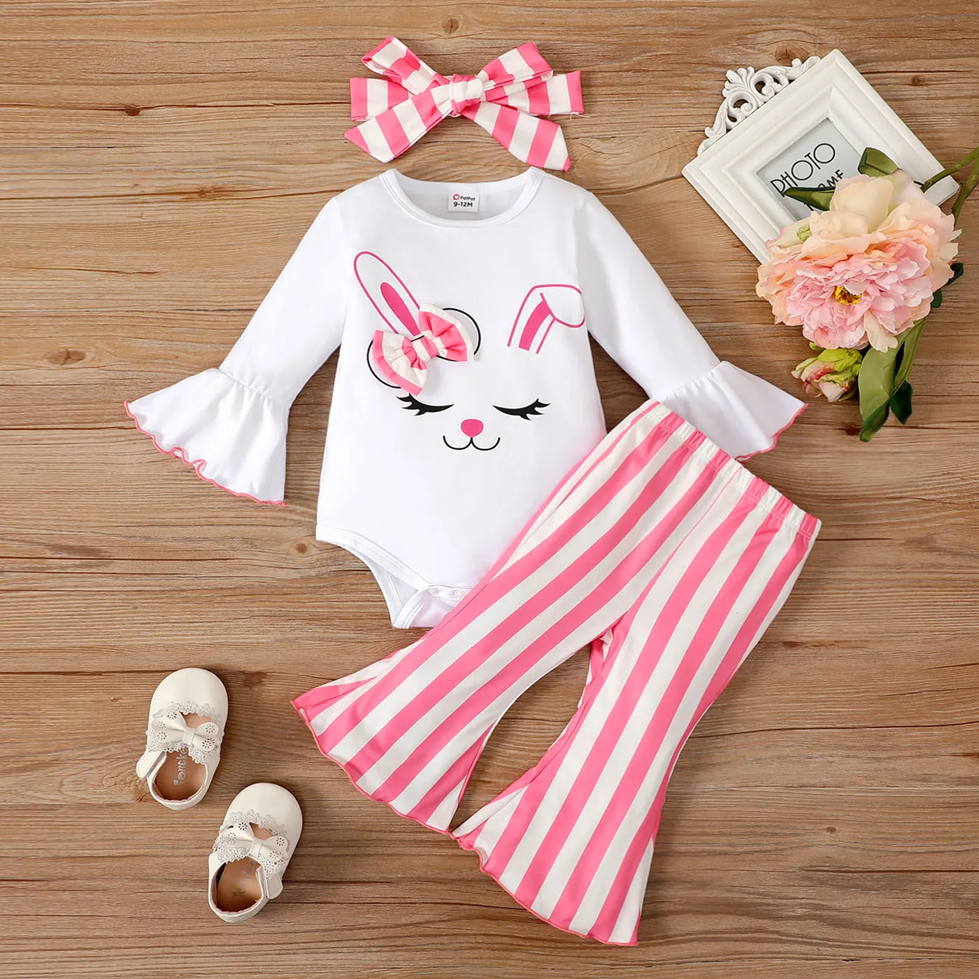 3pcs Baby Girl Rabbit Graphic Bell Sleeves Onesies & Stripe Flared Pants & Headband Set Pink big image 1