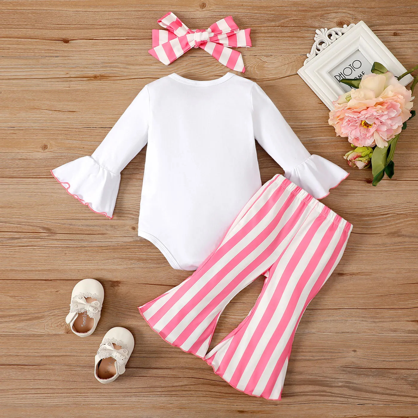 3pcs Baby Girl Rabbit Graphic Bell Sleeves Onesies & Stripe Flared Pants & Headband Set Pink image 2