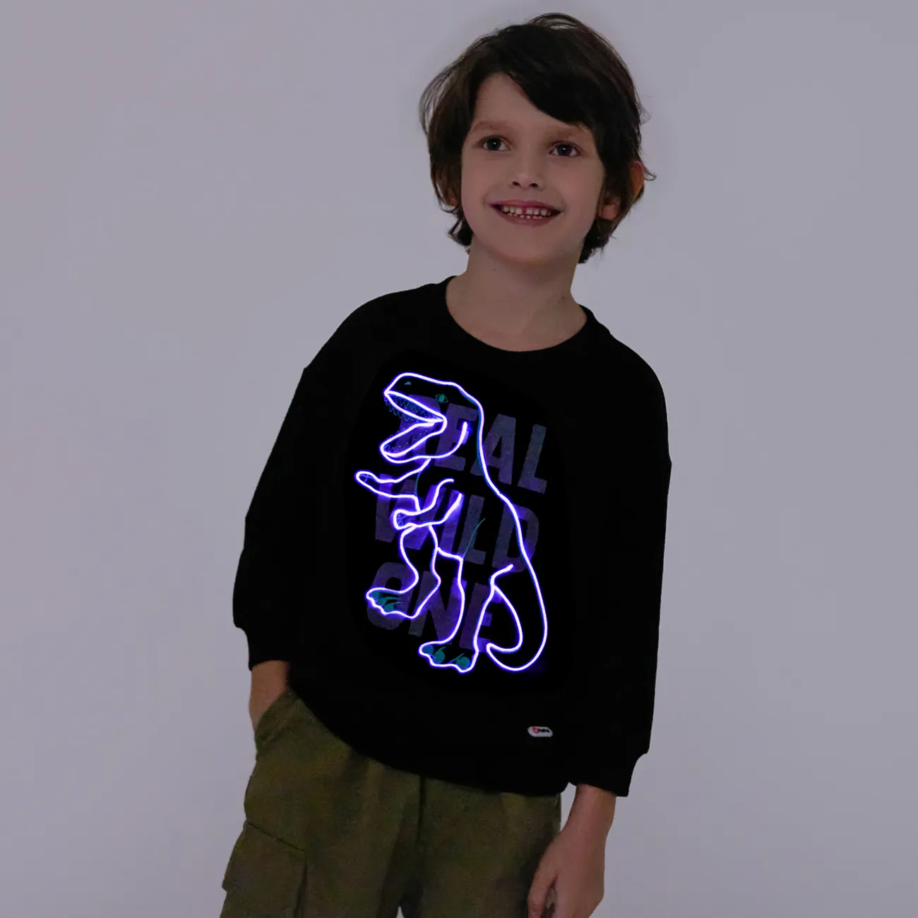 Go-Glow Illuminating Sweatshirt with Light Up Dinosaur Pattern Including Controller (Built-In Battery) Black big image 1