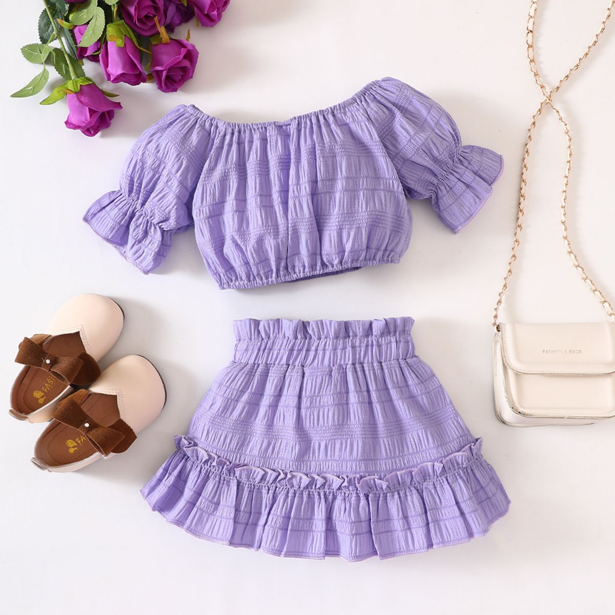 

2pcs Toddler Girl Purple Ruffled Puff-sleeve Top and Skirt Set