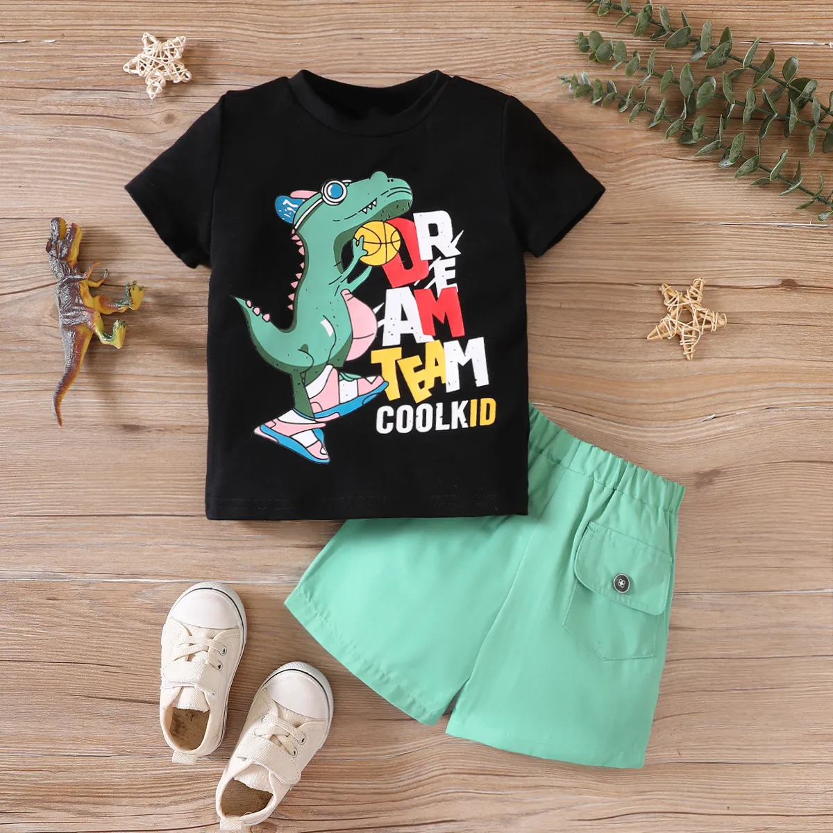 2pcs Toddler Boy Dinosaur Print Short-sleeve Tee and Solid Shorts Set big image 1