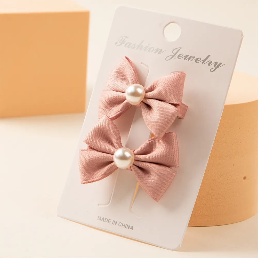 2-pack Toddler/Kid Pink Pearl Bow Pair Clip big image 2