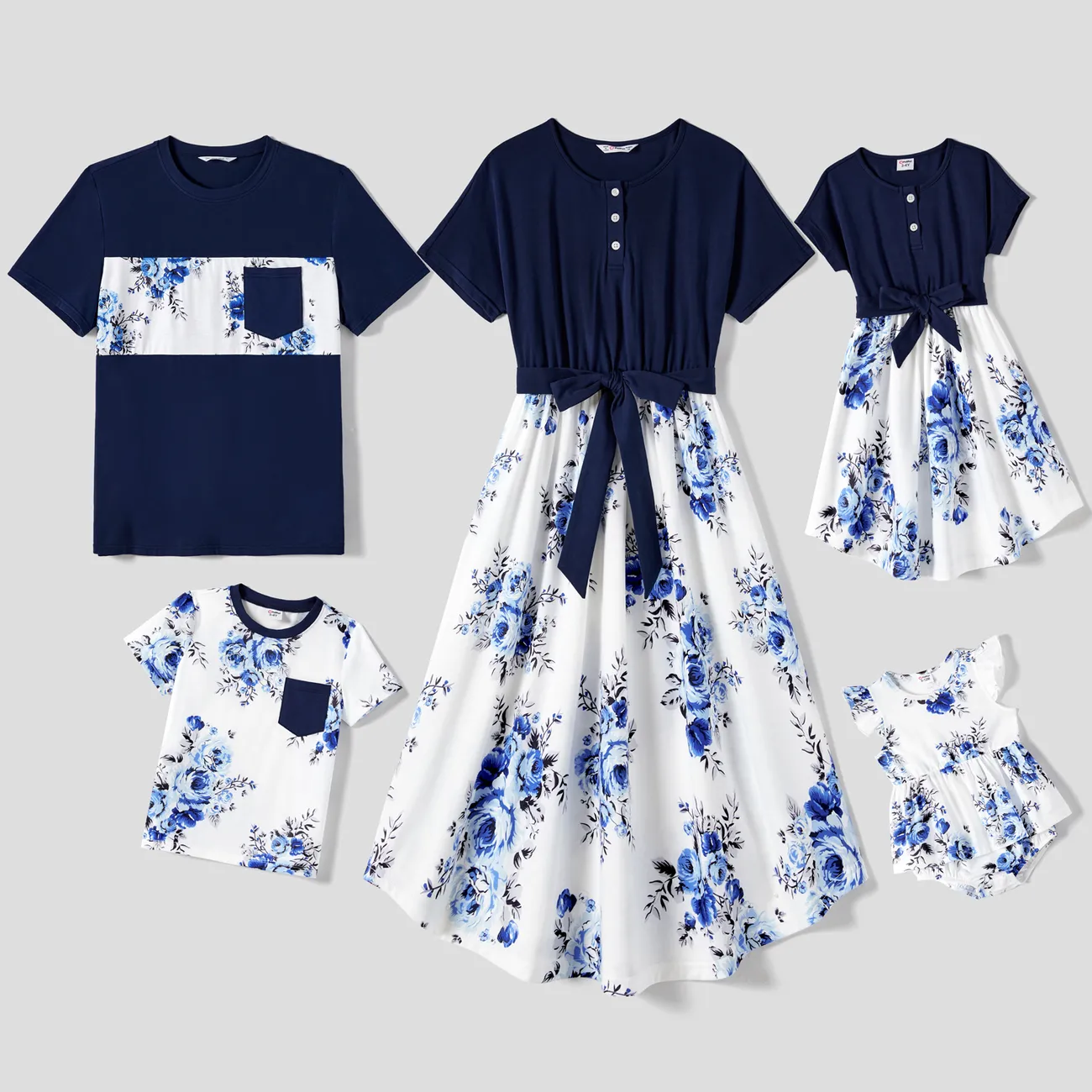 Family Matching Allover Floral Print  Dresses and Short-sleeve Colorblock T-shirts Sets Blue big image 1