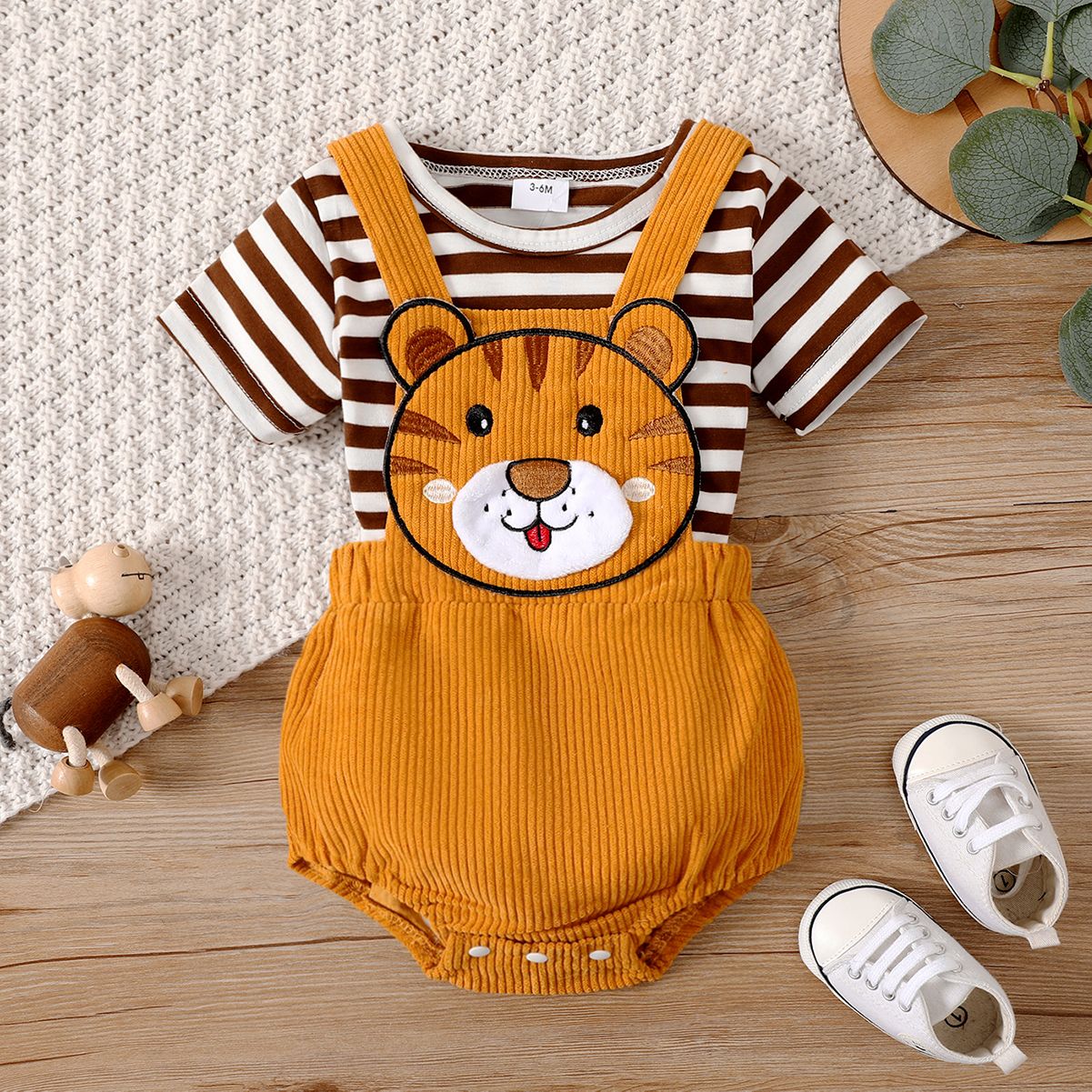 

2pcs Baby Boy Stripe Short-sleeve Tee and Tiger Pattern Ribbed Strappy Romper Set