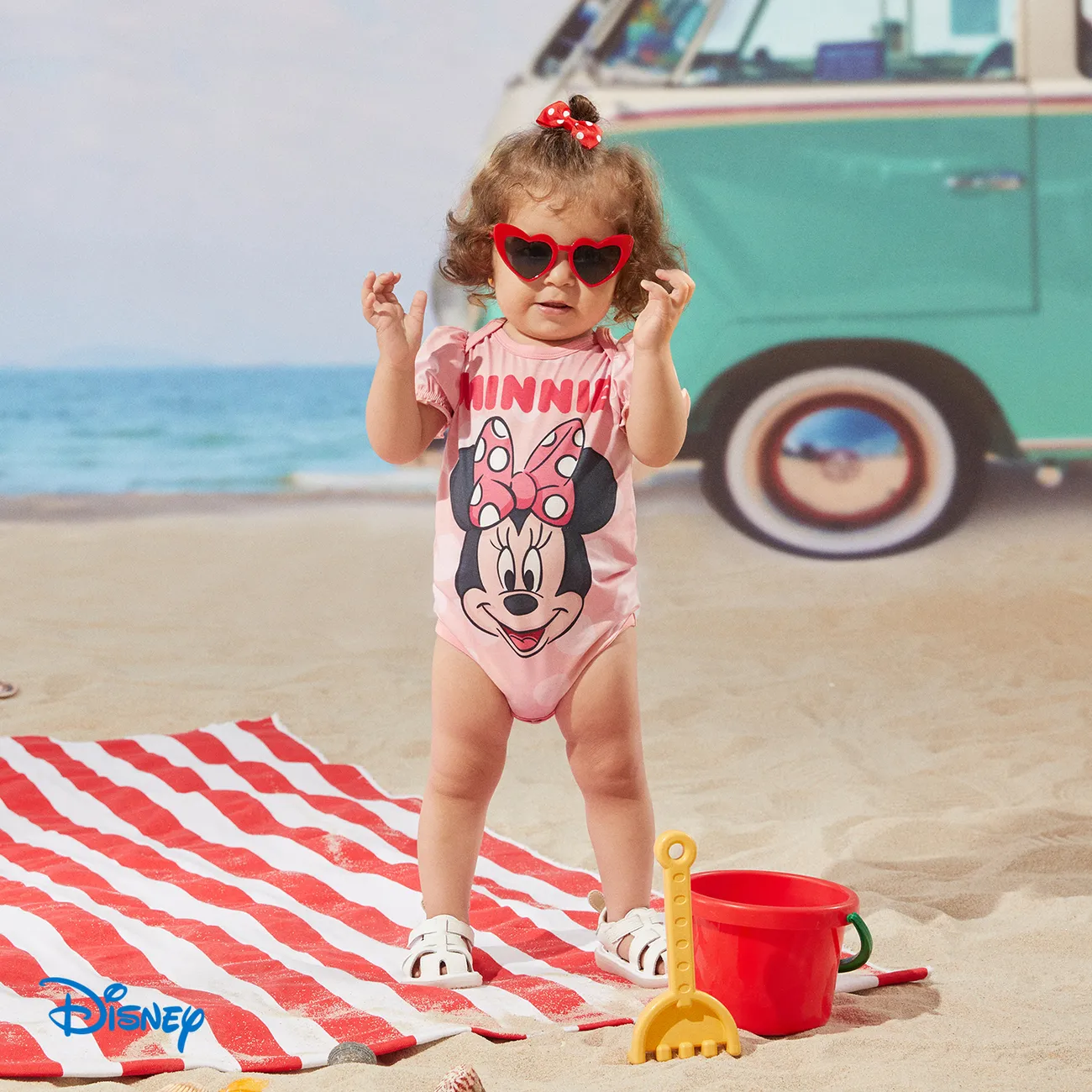 Disney Mickey and Friends Baby Girl Puff-sleeve Graphic Naia™ Romper Pink big image 1