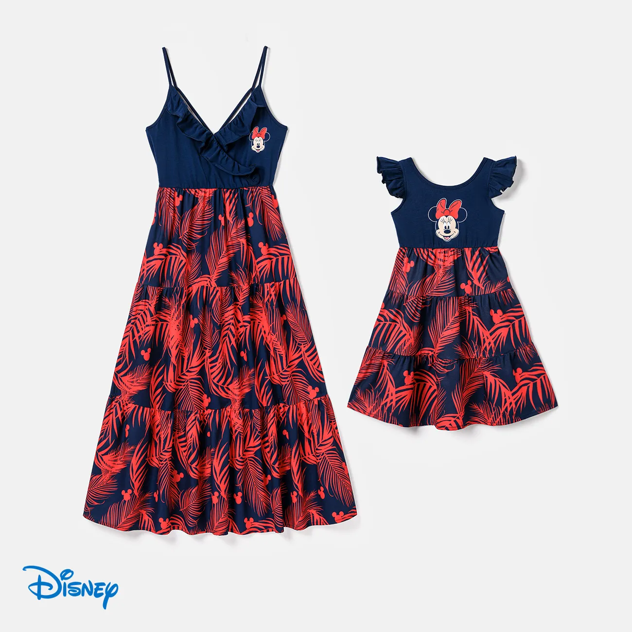 Disney Mickey and Friends Family Matching Plant Print Splice Ruffled Cami Dresses and Striped Cotton Short-sleeve T-shirts Sets Red big image 1