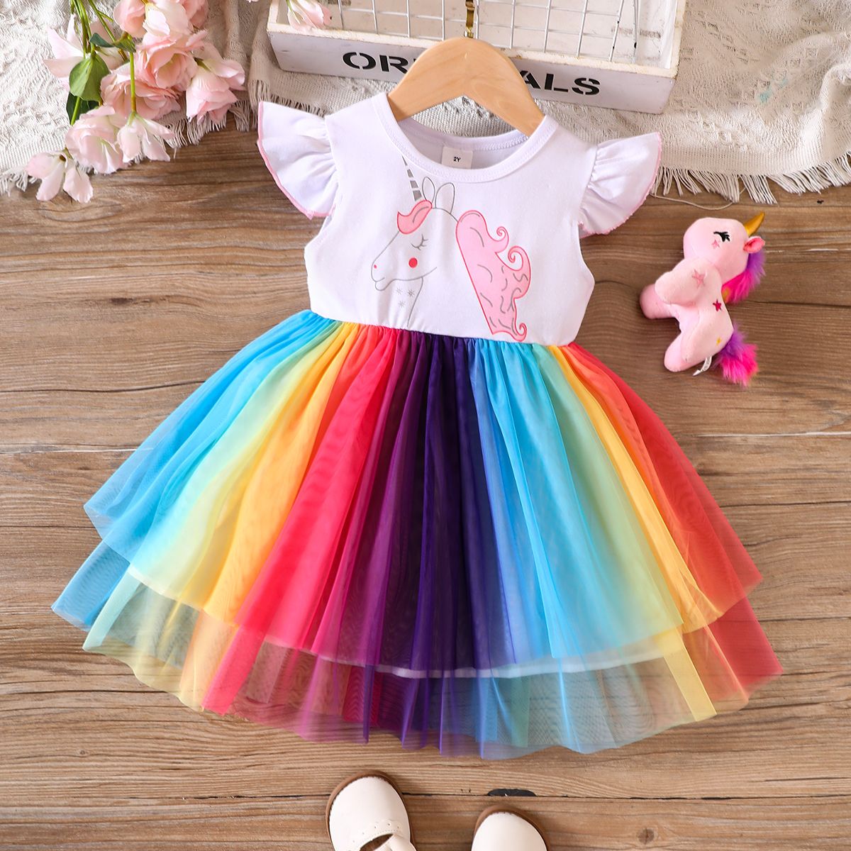 

Toddler Girl Unicorn Print Colorful Mesh Panel Flutter-sleeve Fairy Dress